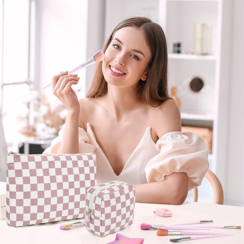Fammart Checkered Makeup Bag, Travel Cosmetic Bag Organizer Toiletry Bag Make Up Bags with Zipper & Compartments for Women Girls, 2PCS - Image 2